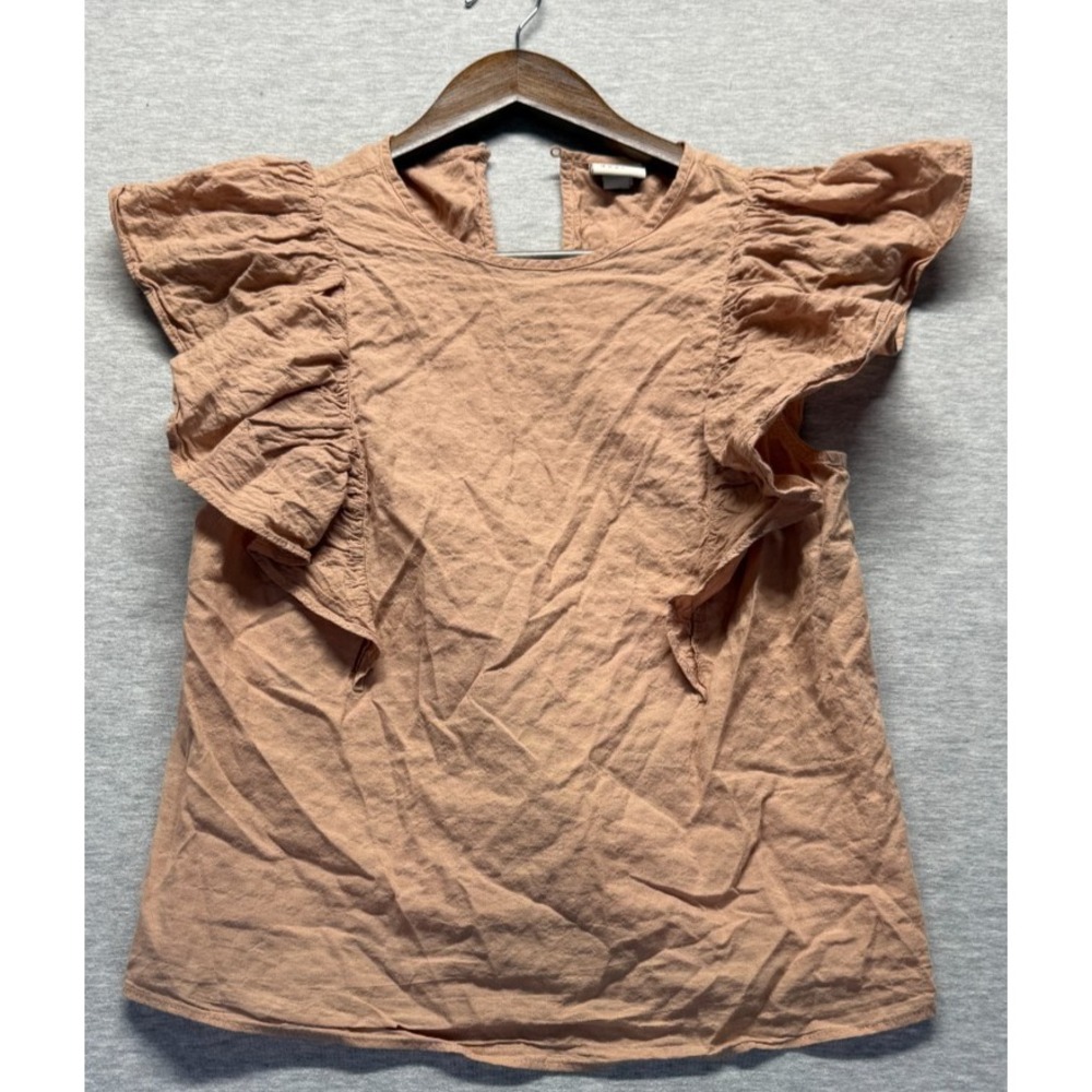 A New Day Blouse Top Womens XS Brown Cotton Flutter Sleeve Keyhole Back Stretch